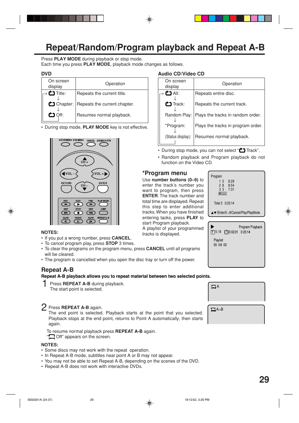 Repeat/random/program playback and repeat a-b, Repeat a-b, Program menu | Toshiba MD13N3 User Manual | Page 29 / 47