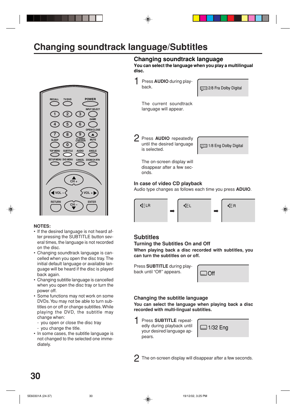 Changing soundtrack language/subtitles, Subtitles, Changing soundtrack language | 1/32 eng | Toshiba MD13N3 User Manual | Page 30 / 47