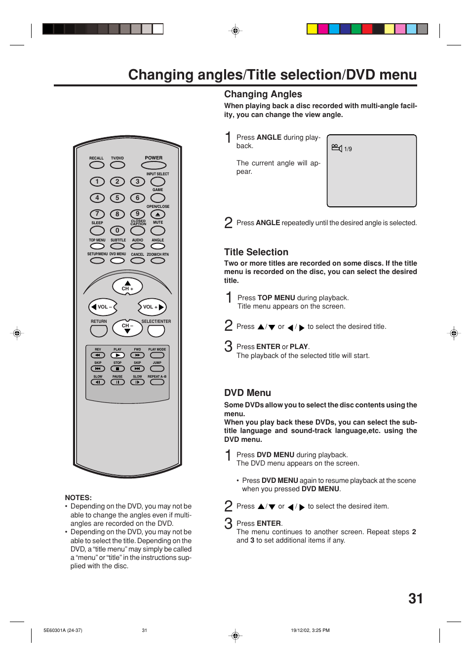 Changing angles/title selection/dvd menu, Changing angles, Title selection | Dvd menu | Toshiba MD13N3 User Manual | Page 31 / 47