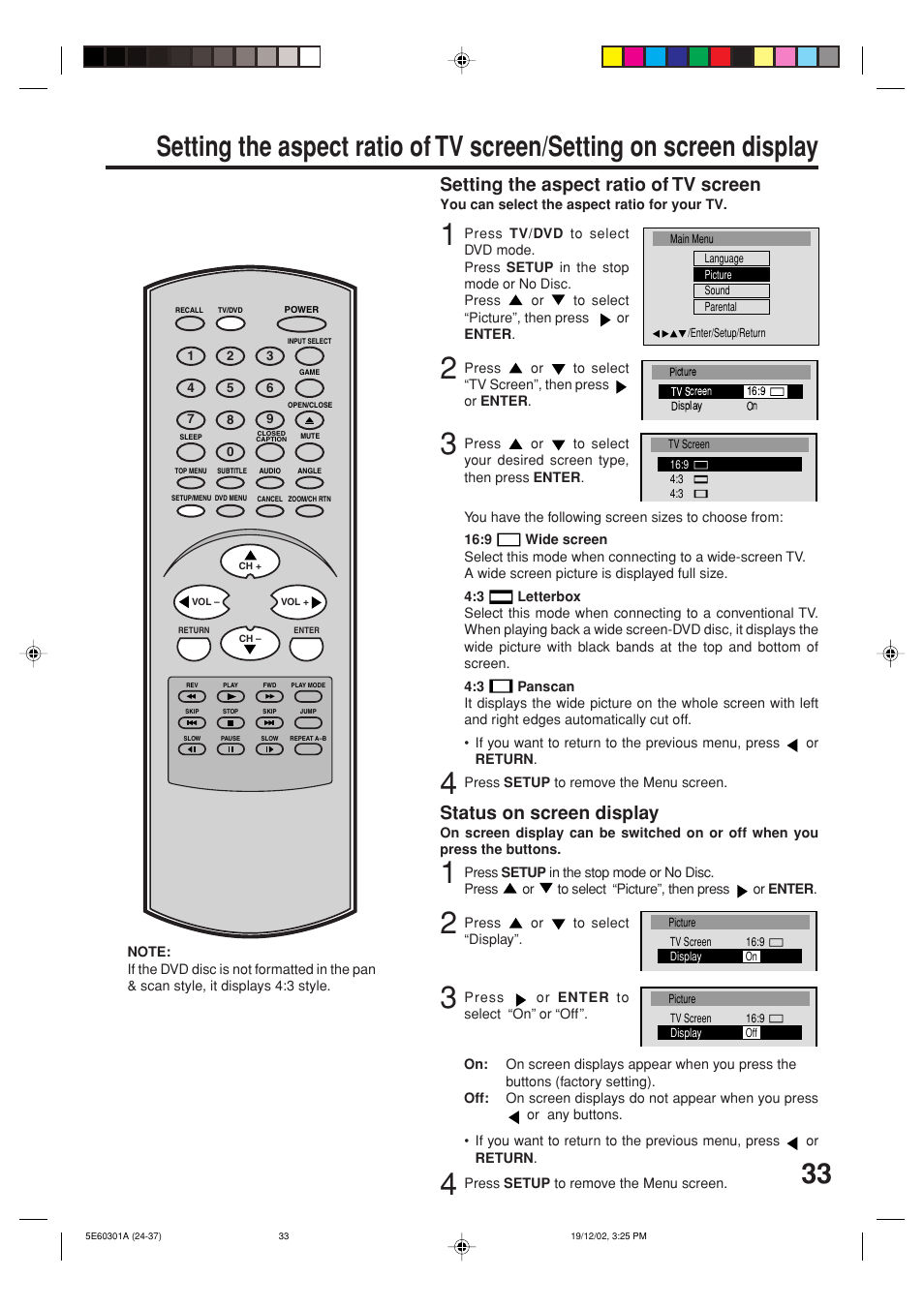 Setting the aspect ratio of tv screen, Status on screen display | Toshiba MD13N3 User Manual | Page 33 / 47