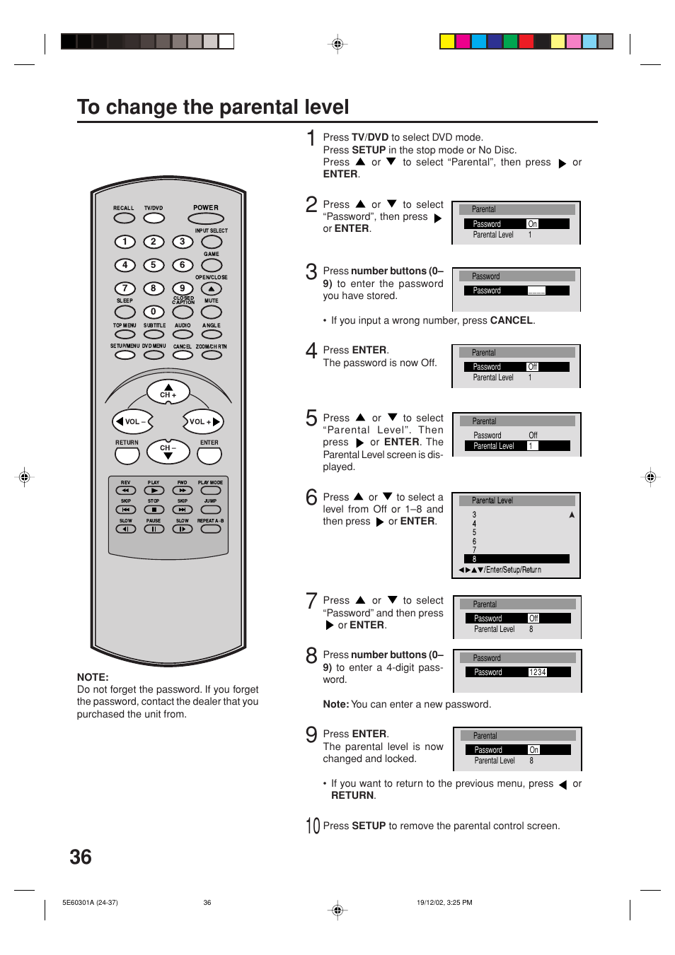 To change the parental level | Toshiba MD13N3 User Manual | Page 36 / 47