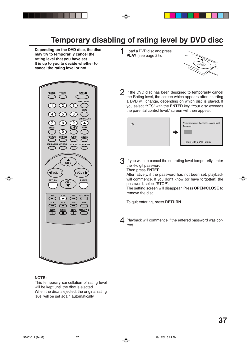 Temporary disabling of rating level by dvd disc | Toshiba MD13N3 User Manual | Page 37 / 47