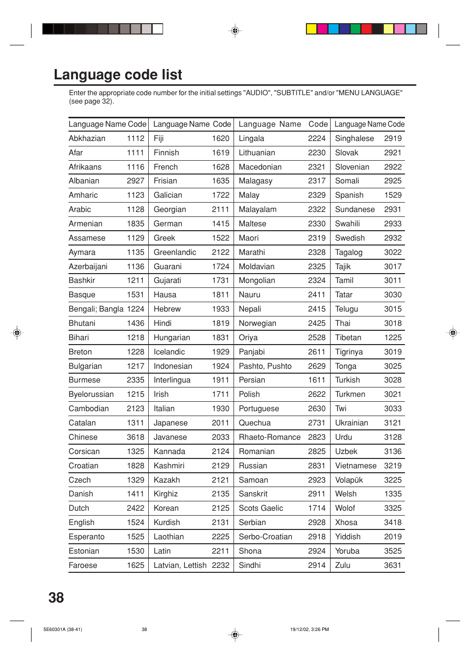 Language code list, 38 language code list | Toshiba MD13N3 User Manual | Page 38 / 47