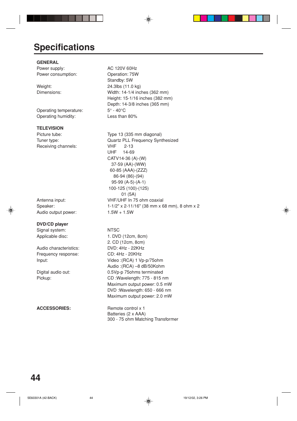 Specifications | Toshiba MD13N3 User Manual | Page 44 / 47