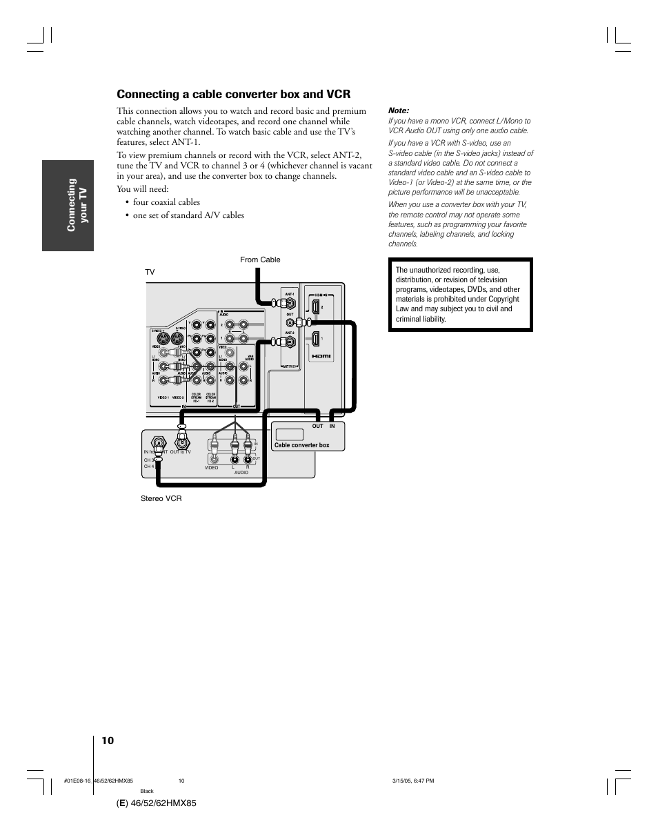 Connecting a cable converter box and vcr | Toshiba 46HMX85 User Manual | Page 10 / 72