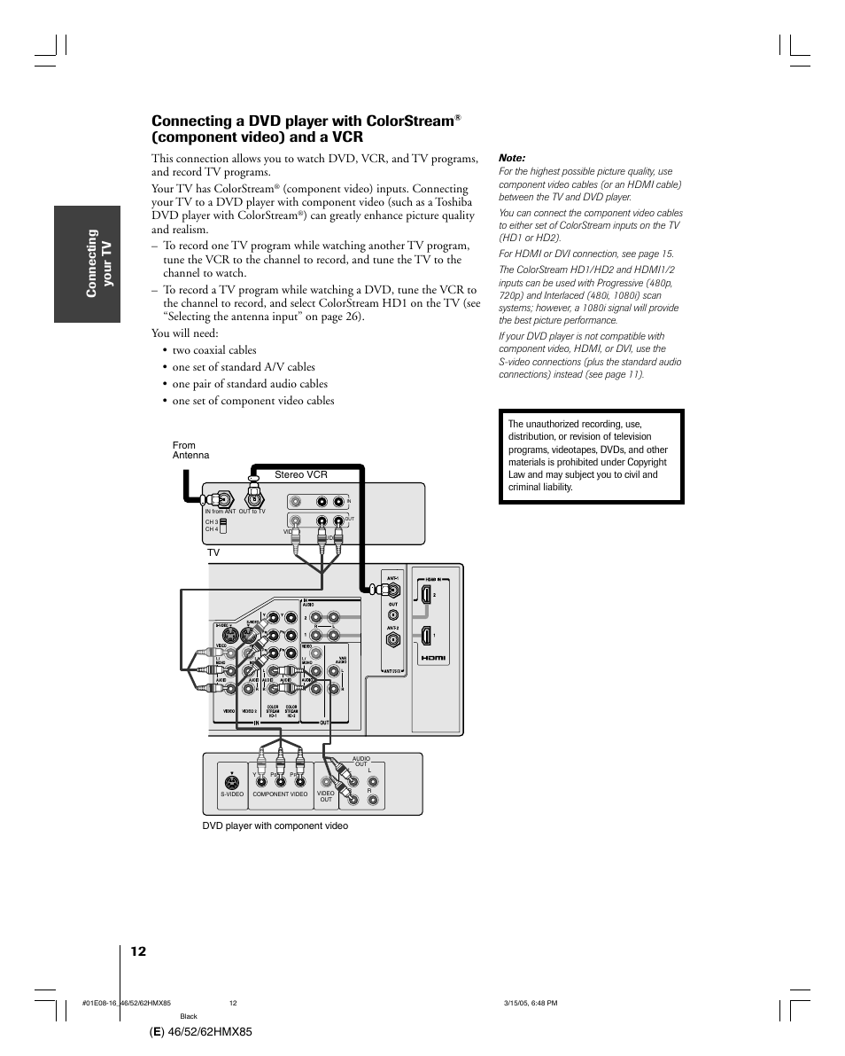 Connecting a dvd player with colorstream, Component video) and a vcr | Toshiba 46HMX85 User Manual | Page 12 / 72