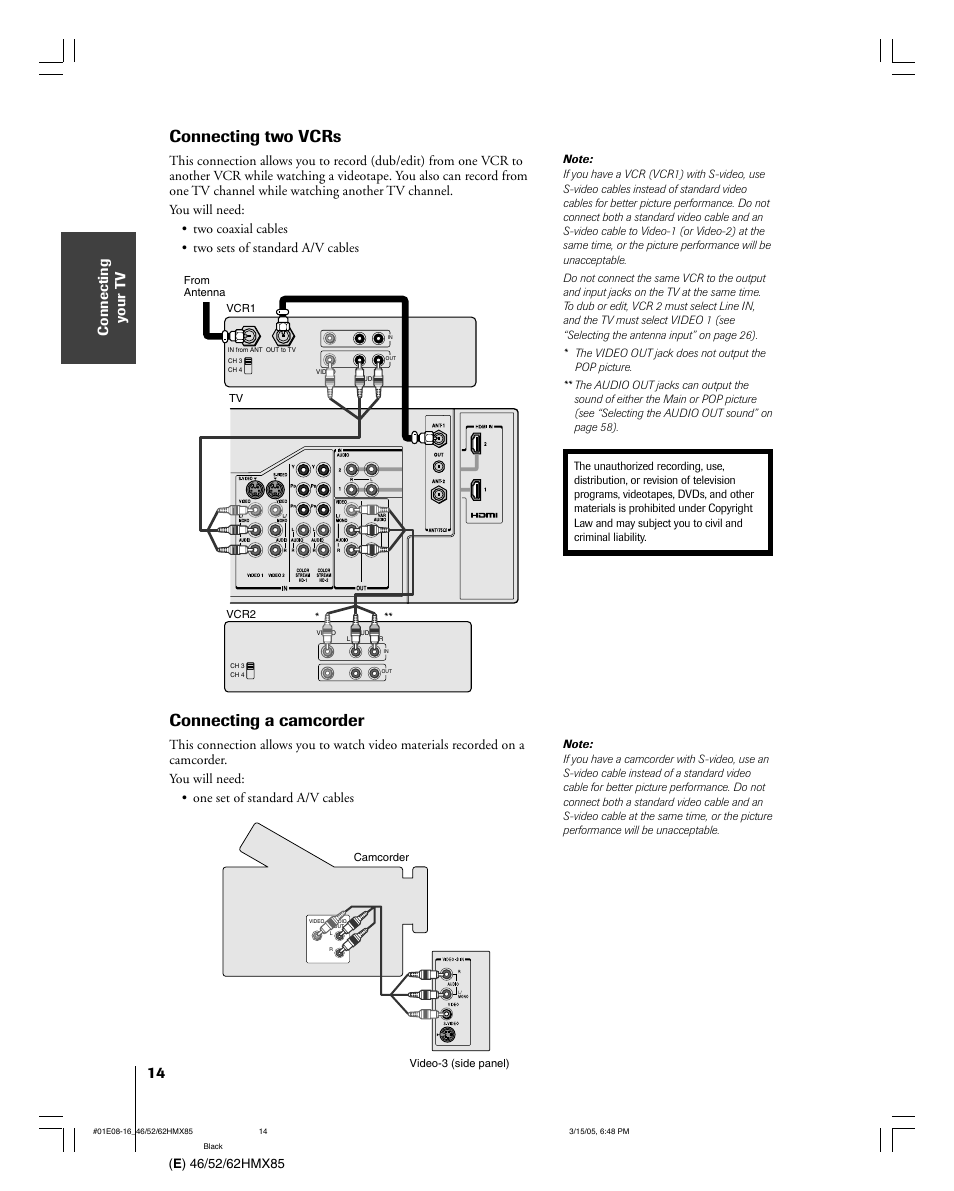 Connecting two vcrs, Connecting a camcorder | Toshiba 46HMX85 User Manual | Page 14 / 72