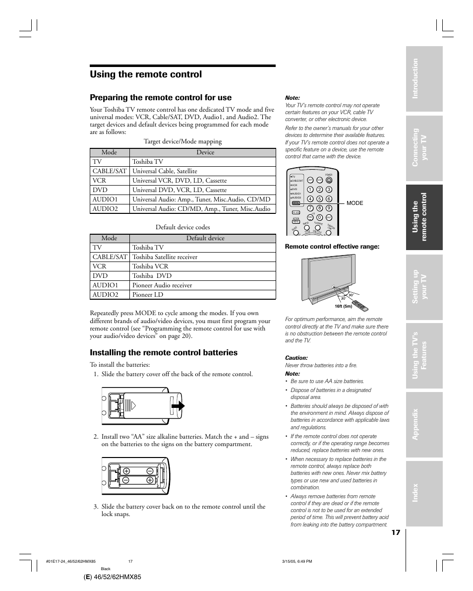 Using the remote control, Preparing the remote control for use, Installing the remote control batteries | Toshiba 46HMX85 User Manual | Page 17 / 72
