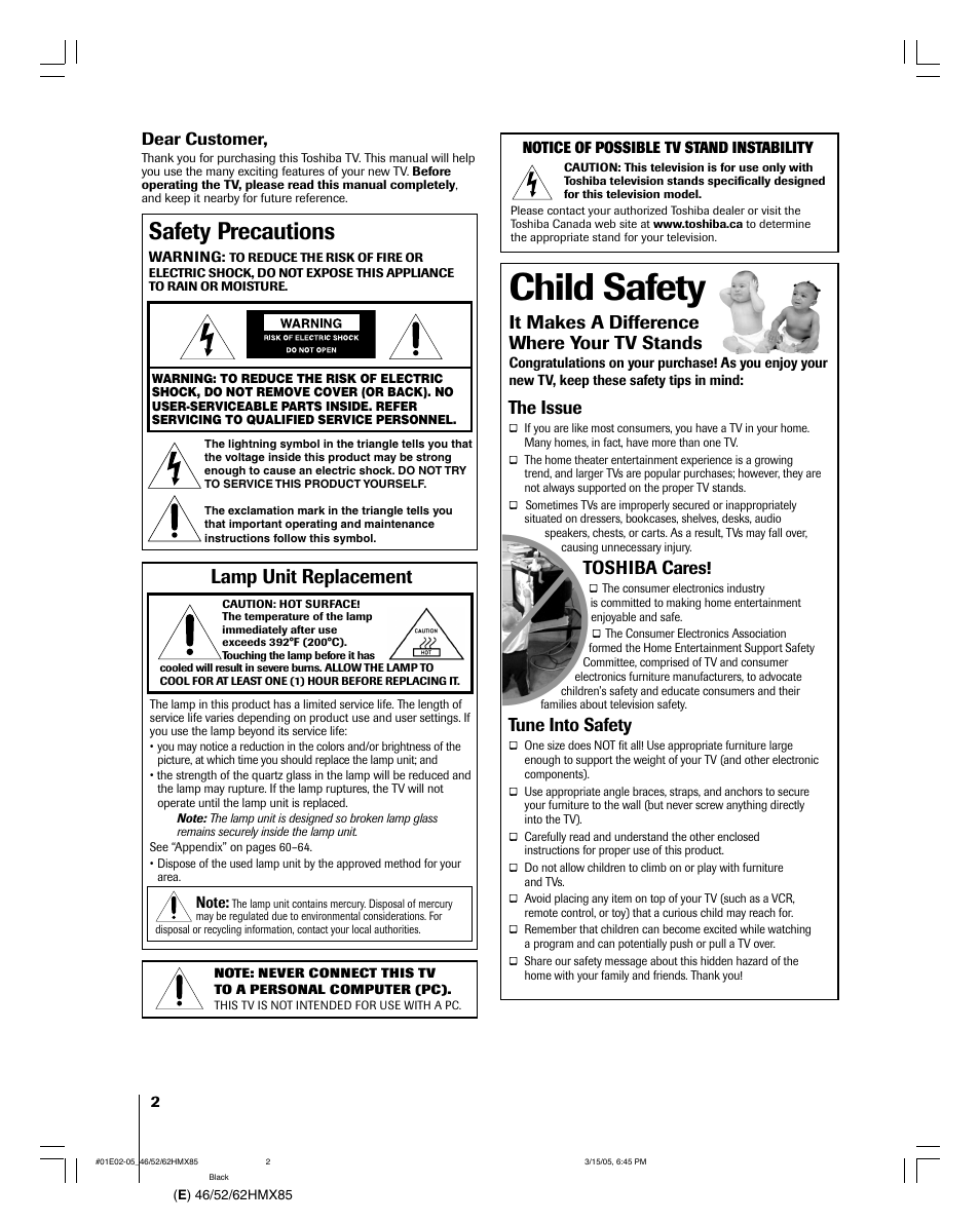 Child safety, Safety precautions, Lamp unit replacement | It makes a difference where your tv stands, The issue, Toshiba cares, Tune into safety, Dear customer | Toshiba 46HMX85 User Manual | Page 2 / 72