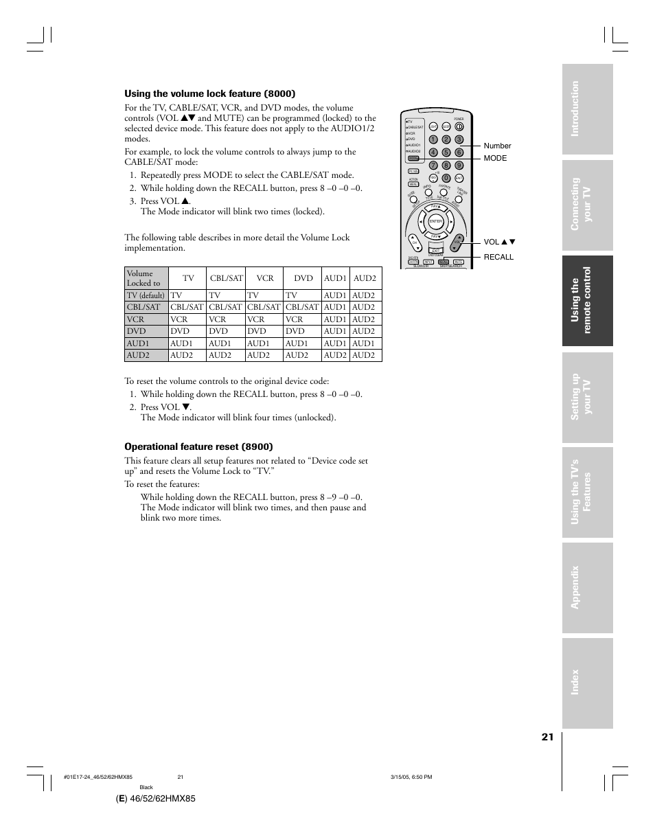 Using the volume lock feature (8000), Operational feature reset (8900) | Toshiba 46HMX85 User Manual | Page 21 / 72