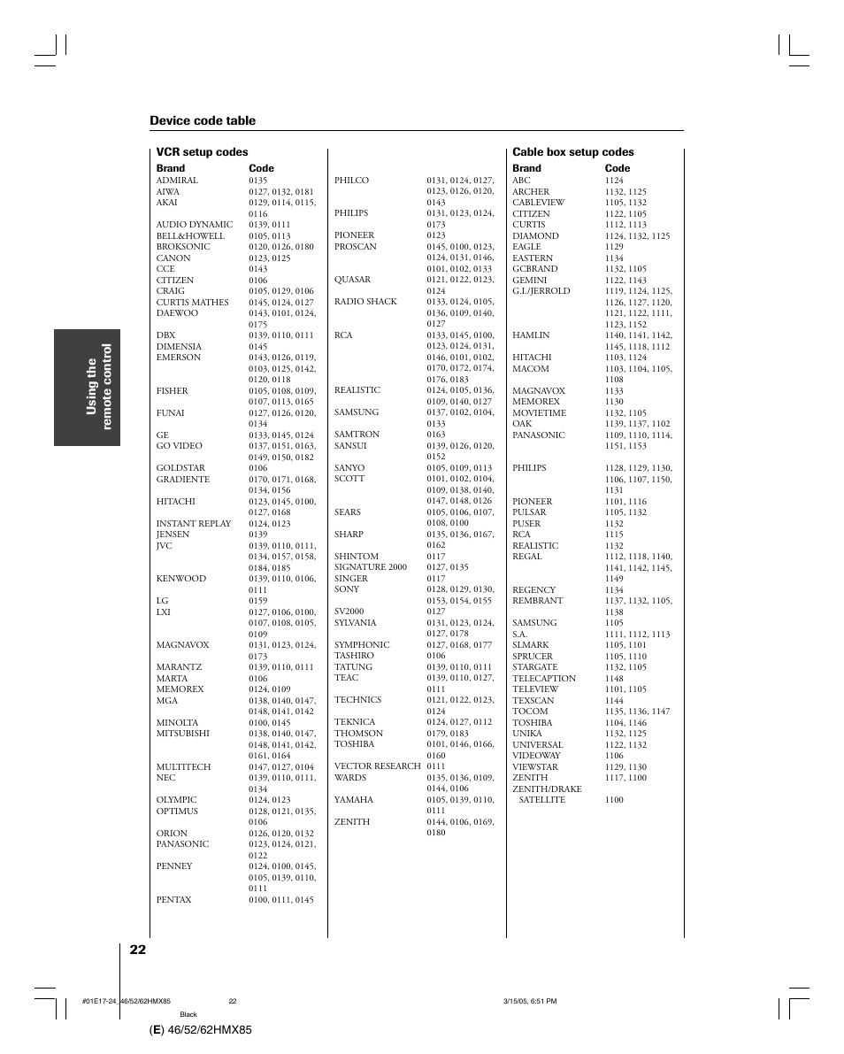 Device code table | Toshiba 46HMX85 User Manual | Page 22 / 72