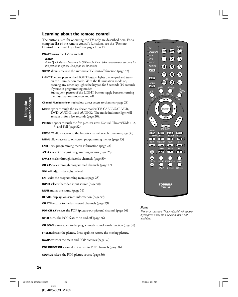 Learning about the remote control | Toshiba 46HMX85 User Manual | Page 24 / 72