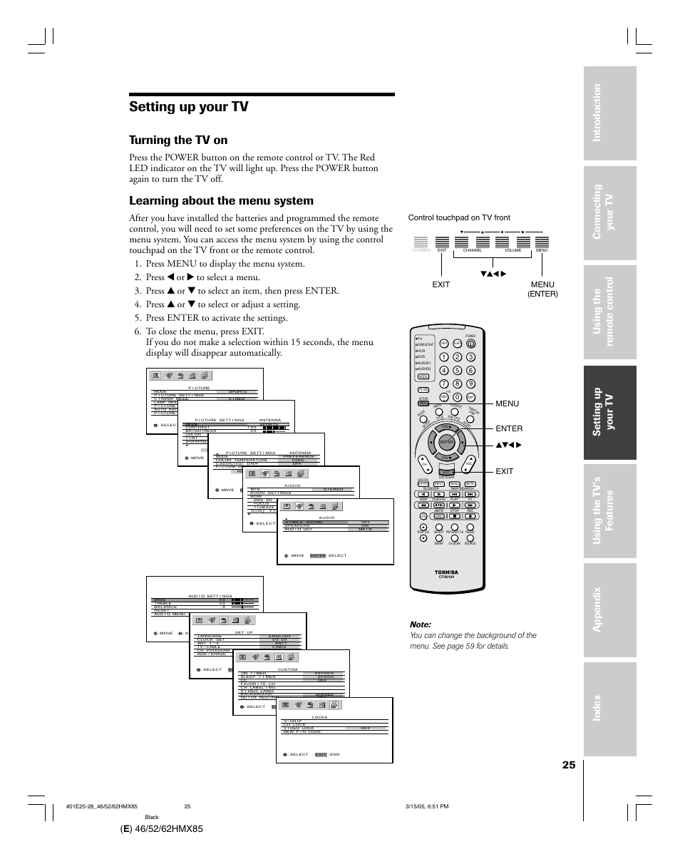 Setting up your tv, Turning the tv on, Learning about the menu system | Yzx • enter menu exit | Toshiba 46HMX85 User Manual | Page 25 / 72