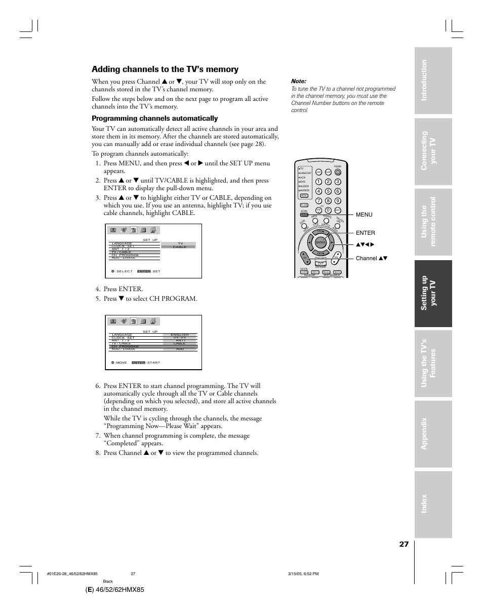 Programming channels automatically, Press enter. 5. press z to select ch program | Toshiba 46HMX85 User Manual | Page 27 / 72