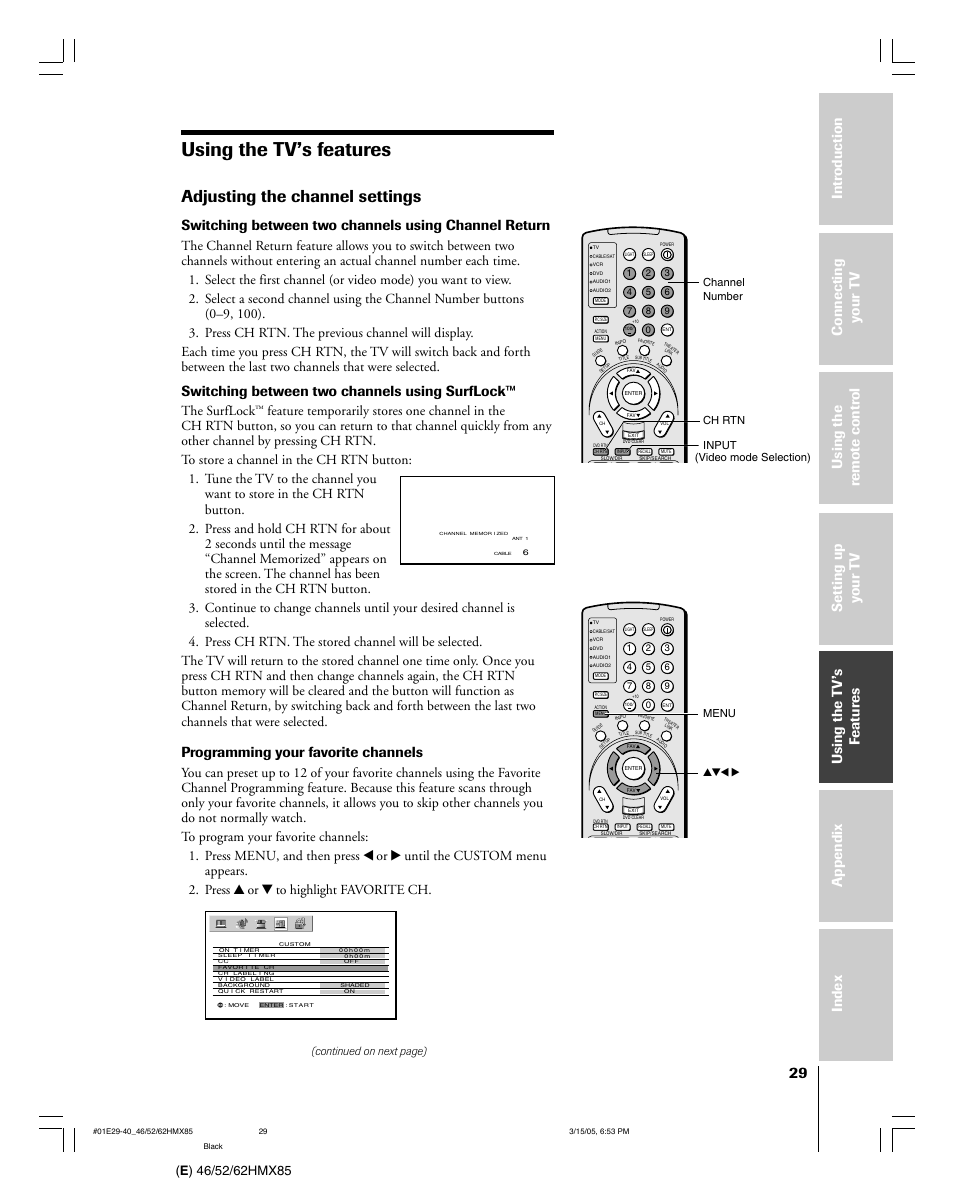 Using the tv’s features, Adjusting the channel settings, Switching between two channels using surflock | Programming your favorite channels, The surflock, Video mode selection) | Toshiba 46HMX85 User Manual | Page 29 / 72