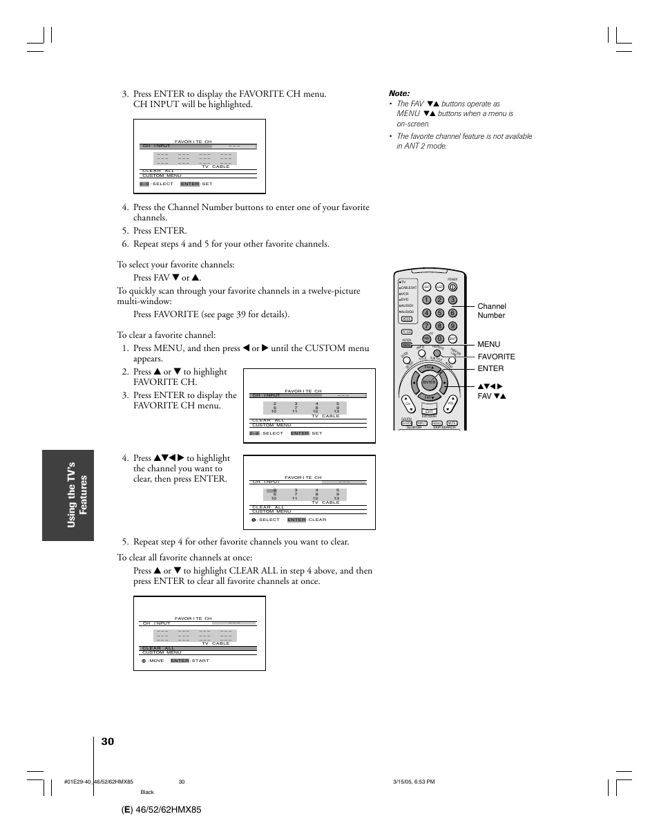 Channel number menu yzx • fav zy favorite enter | Toshiba 46HMX85 User Manual | Page 30 / 72