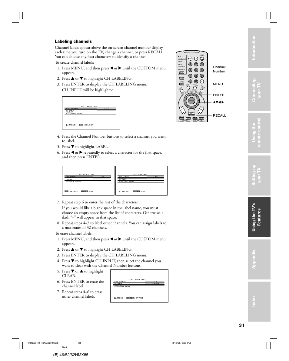 Labeling channels | Toshiba 46HMX85 User Manual | Page 31 / 72