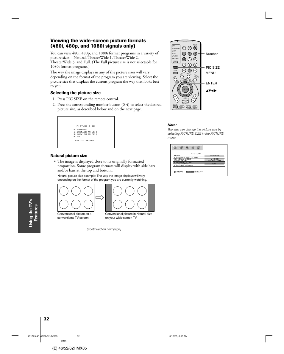 Selecting the picture size | Toshiba 46HMX85 User Manual | Page 32 / 72