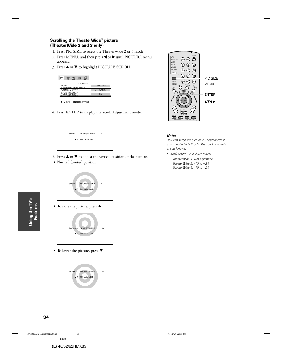 Scrolling the theaterwide, Picture (theaterwide 2 and 3 only), Press enter to display the scroll adjustment mode | Toshiba 46HMX85 User Manual | Page 34 / 72