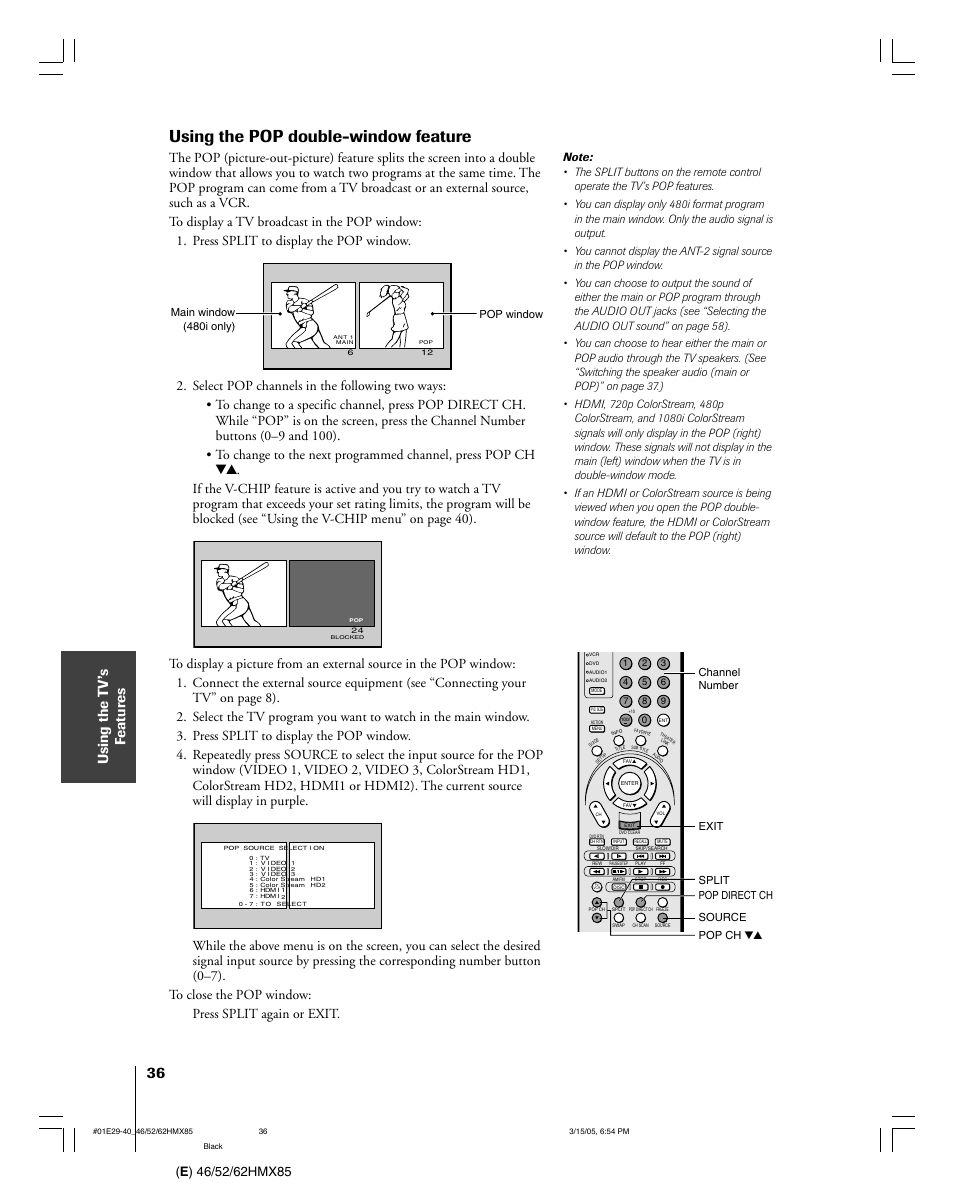 Using the pop double-window feature | Toshiba 46HMX85 User Manual | Page 36 / 72