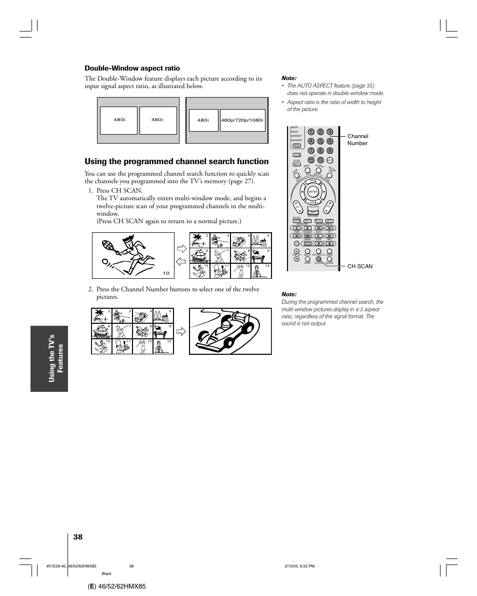 Using the programmed channel search function, Double-window aspect ratio | Toshiba 46HMX85 User Manual | Page 38 / 72