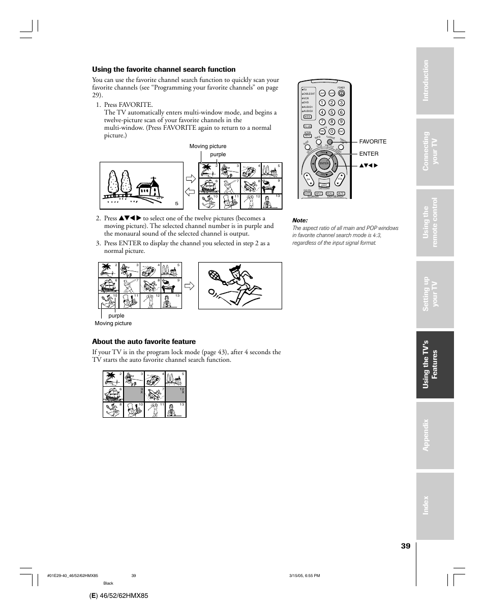 Using the favorite channel search function, About the auto favorite feature | Toshiba 46HMX85 User Manual | Page 39 / 72