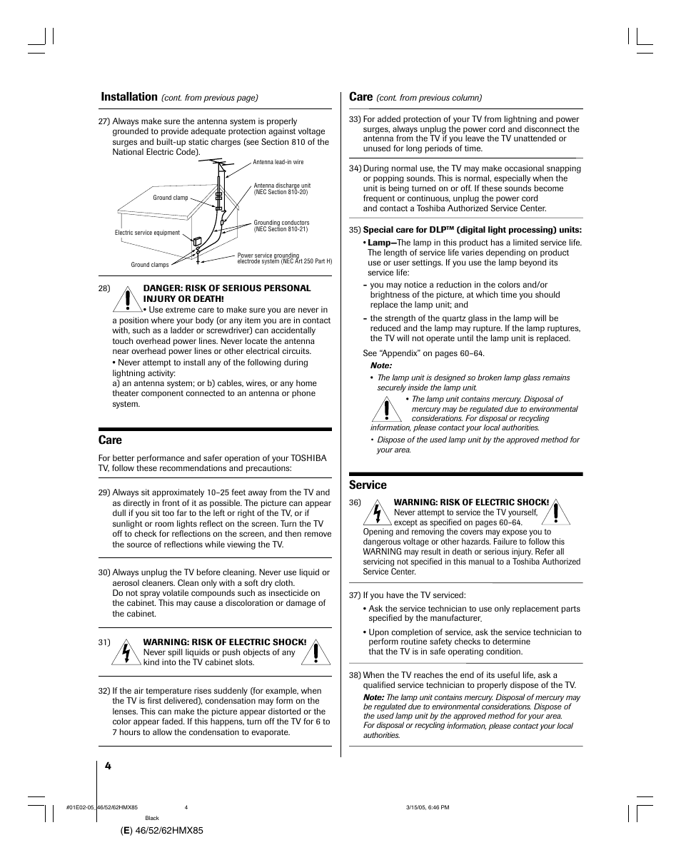Installation, Care, Service | Toshiba 46HMX85 User Manual | Page 4 / 72