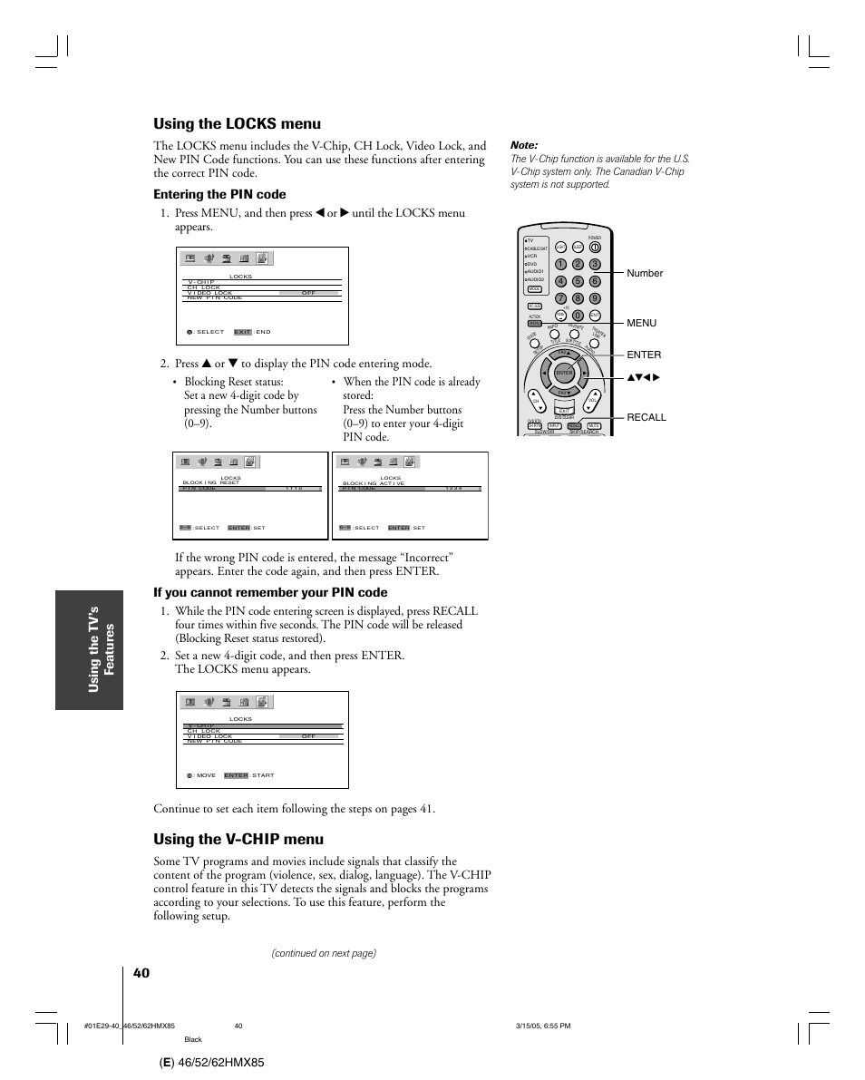 Using the locks menu, Using the v-chip menu, Entering the pin code | If you cannot remember your pin code, Press y or z to display the pin code entering mode | Toshiba 46HMX85 User Manual | Page 40 / 72