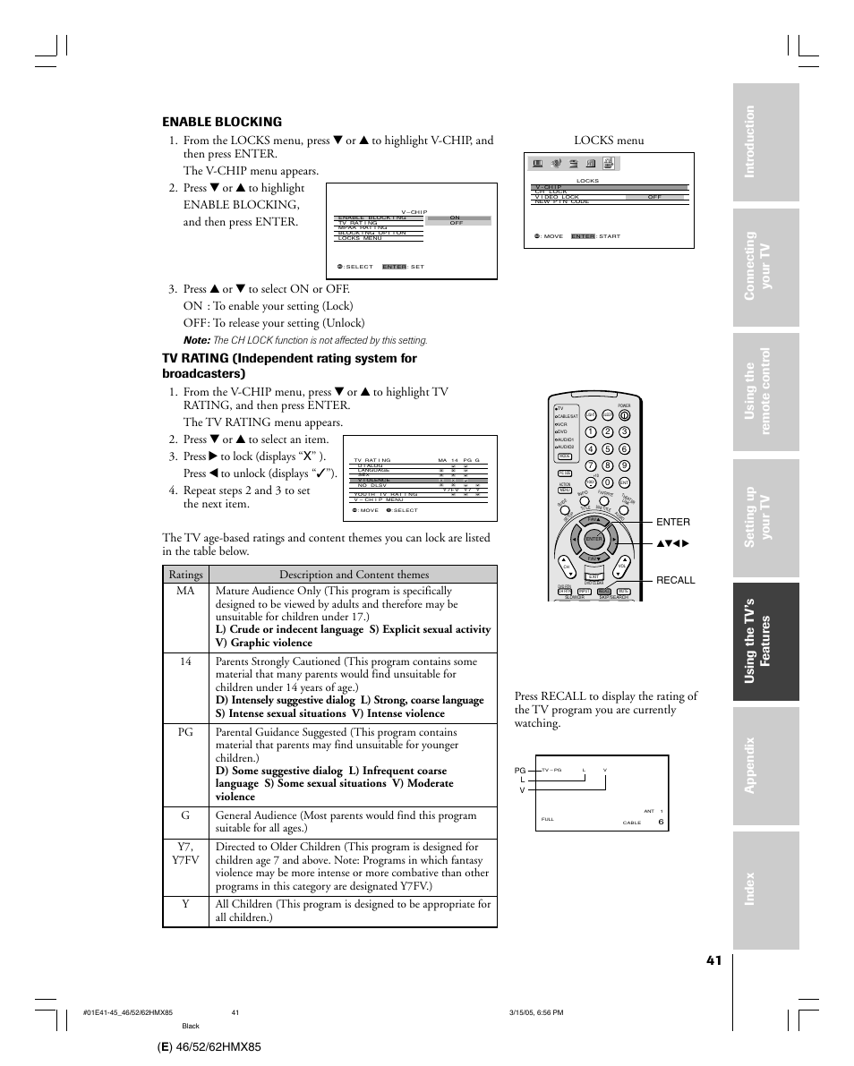 Enable blocking, Locks menu | Toshiba 46HMX85 User Manual | Page 41 / 72