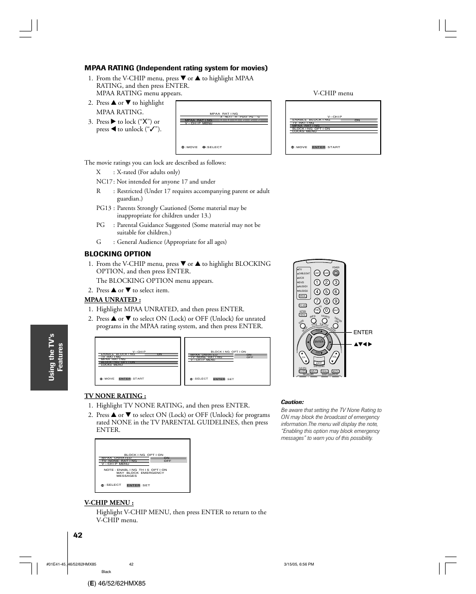 Mpaa rating (independent rating system for movies), Blocking option | Toshiba 46HMX85 User Manual | Page 42 / 72
