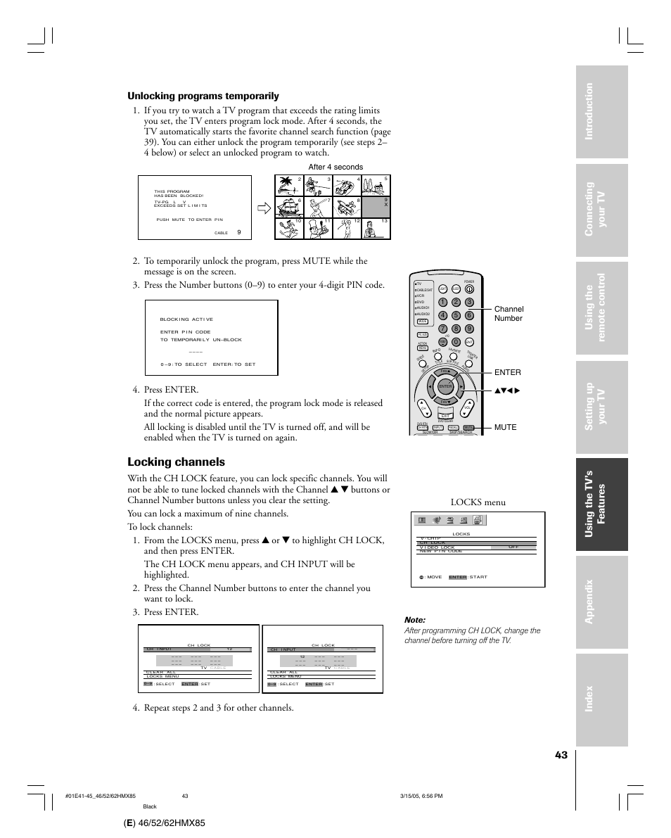 Locking channels, Unlocking programs temporarily, Repeat steps 2 and 3 for other channels | Locks menu | Toshiba 46HMX85 User Manual | Page 43 / 72