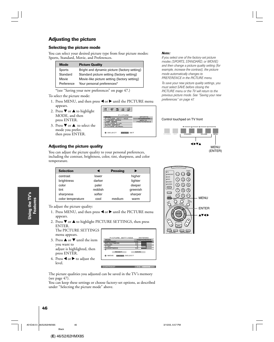 Adjusting the picture, Selecting the picture mode, Adjusting the picture quality | Toshiba 46HMX85 User Manual | Page 46 / 72