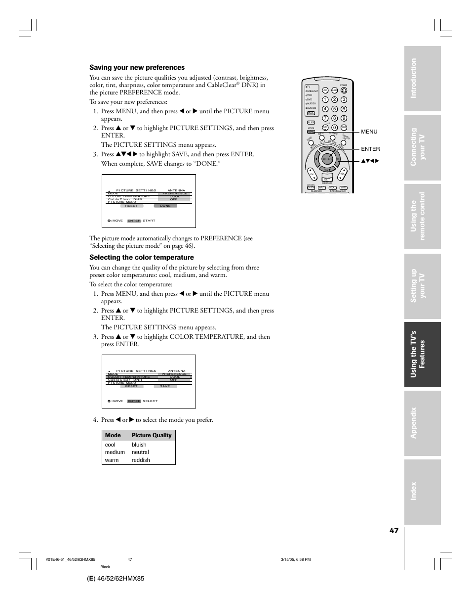 Saving your new preferences, Selecting the color temperature, Press x or • to select the mode you prefer | Toshiba 46HMX85 User Manual | Page 47 / 72