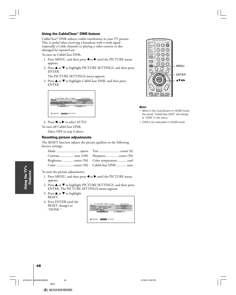Using the cableclear, Dnr feature, Resetting picture adjustments | Cableclear | Toshiba 46HMX85 User Manual | Page 48 / 72