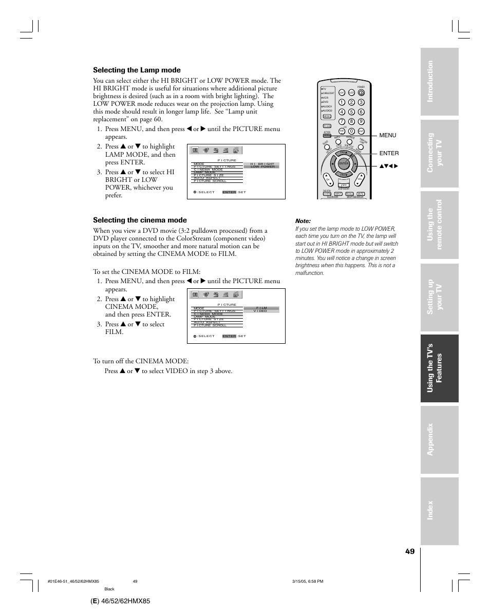 Selecting the lamp mode, Selecting the cinema mode | Toshiba 46HMX85 User Manual | Page 49 / 72