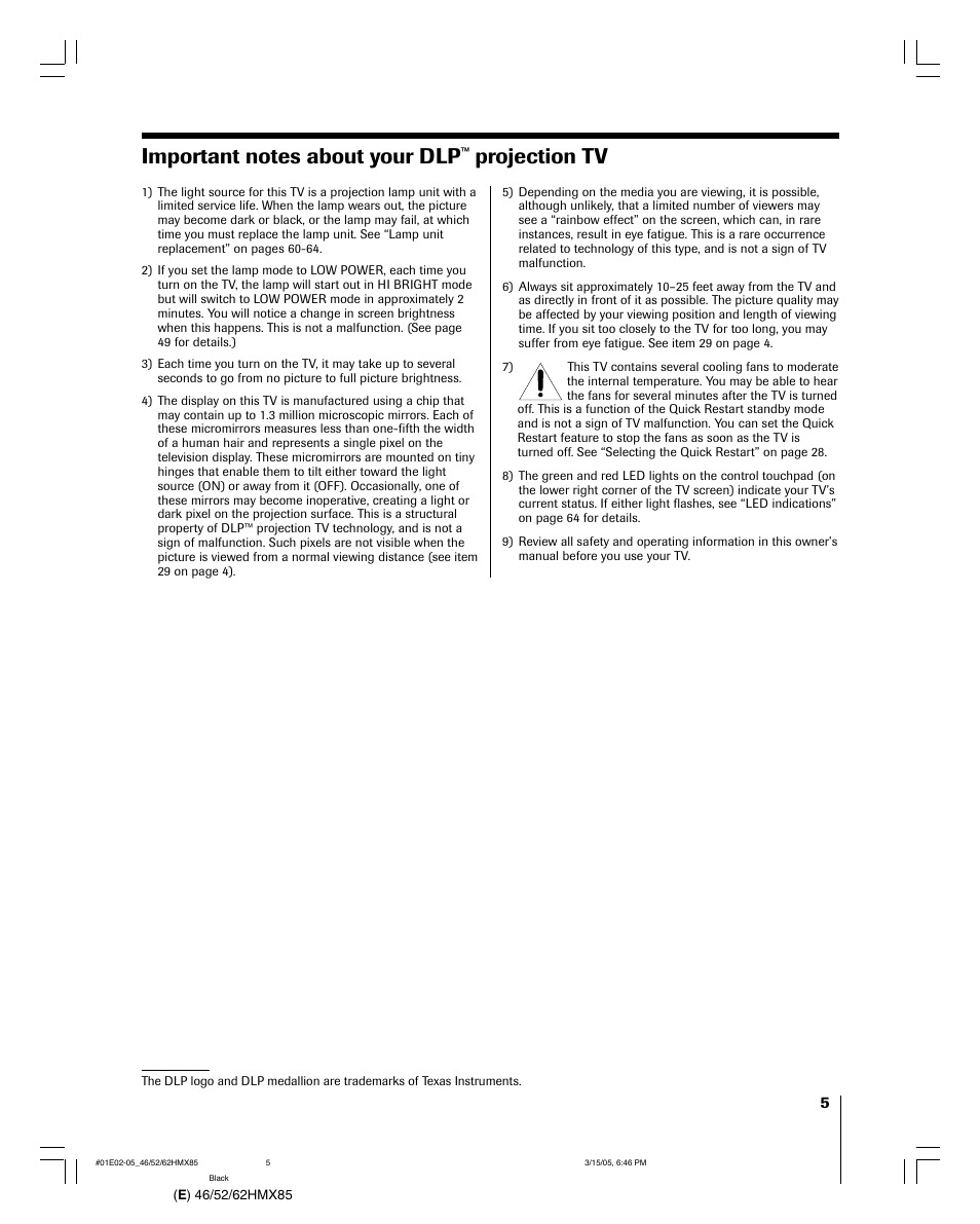 Projection tv | Toshiba 46HMX85 User Manual | Page 5 / 72