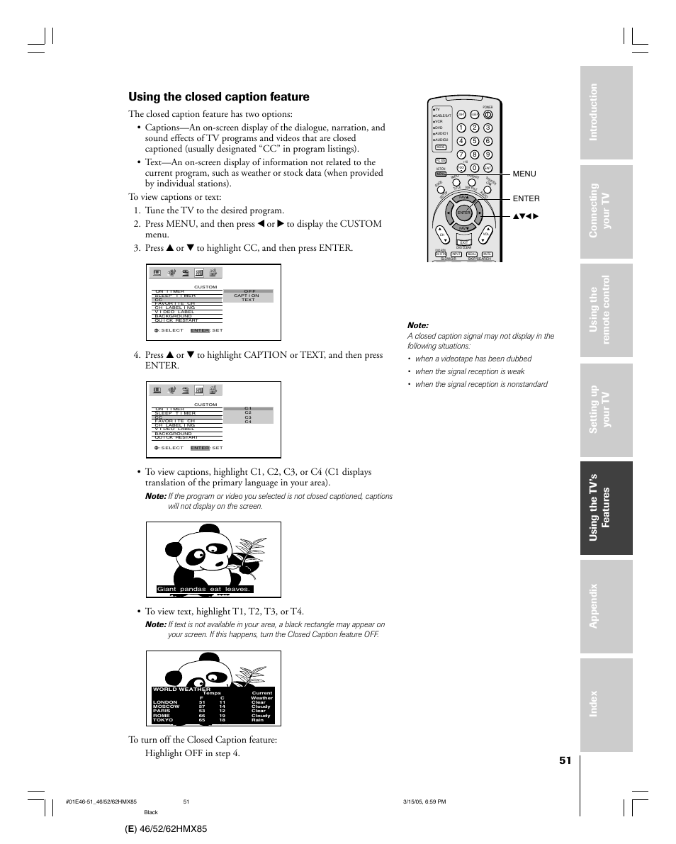 Using the closed caption feature | Toshiba 46HMX85 User Manual | Page 51 / 72