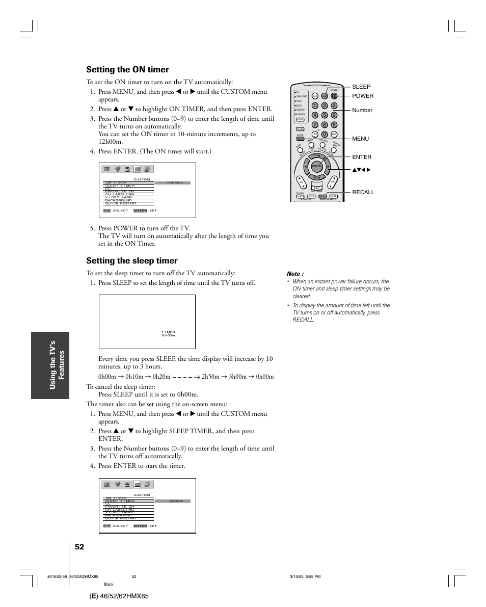 Setting the on timer, Setting the sleep timer | Toshiba 46HMX85 User Manual | Page 52 / 72