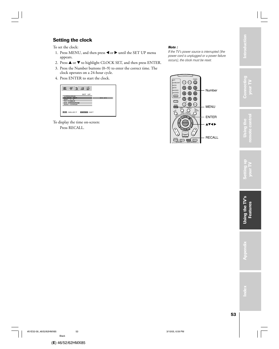 Setting the clock | Toshiba 46HMX85 User Manual | Page 53 / 72