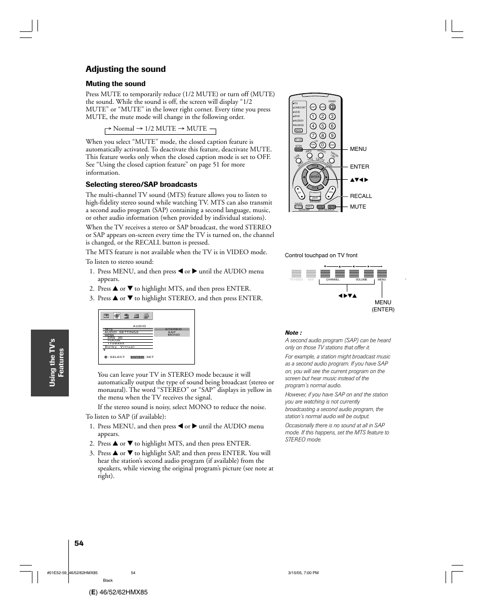 Adjusting the sound, Muting the sound, Selecting stereo/sap broadcasts | Toshiba 46HMX85 User Manual | Page 54 / 72
