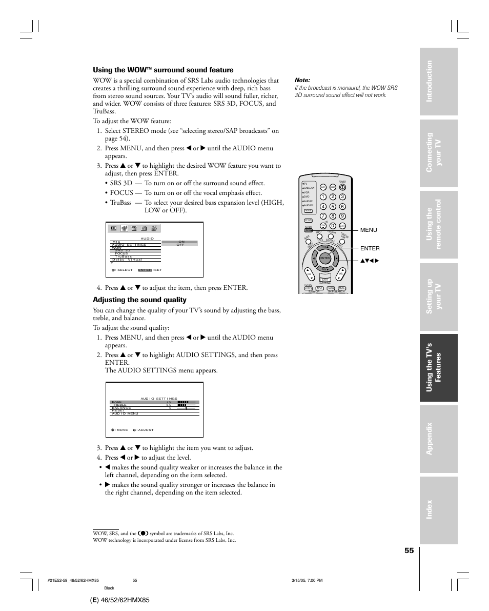 Using the wow™ surround sound feature, Adjusting the sound quality, Press y or z to adjust the item, then press enter | Toshiba 46HMX85 User Manual | Page 55 / 72
