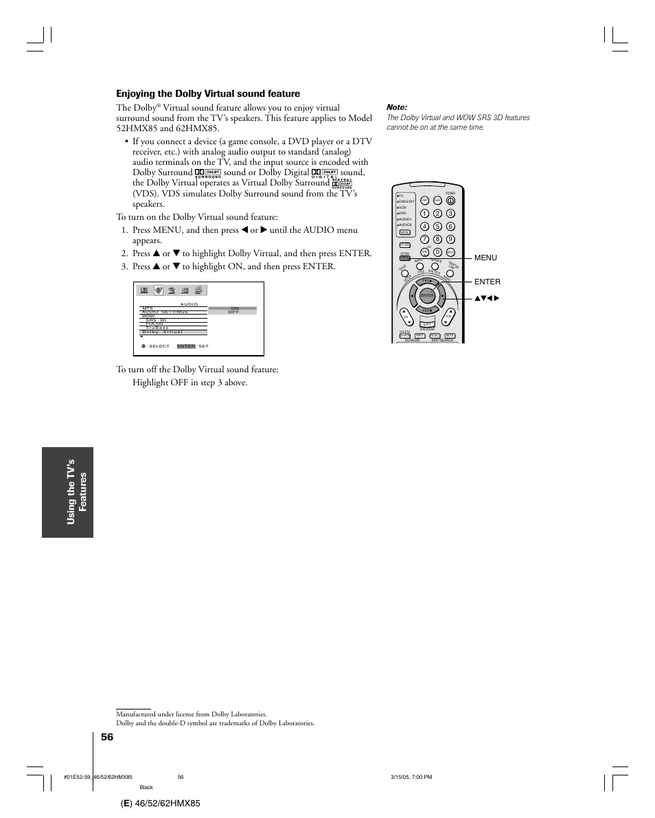 Enjoying the dolby virtual sound feature, The dolby | Toshiba 46HMX85 User Manual | Page 56 / 72