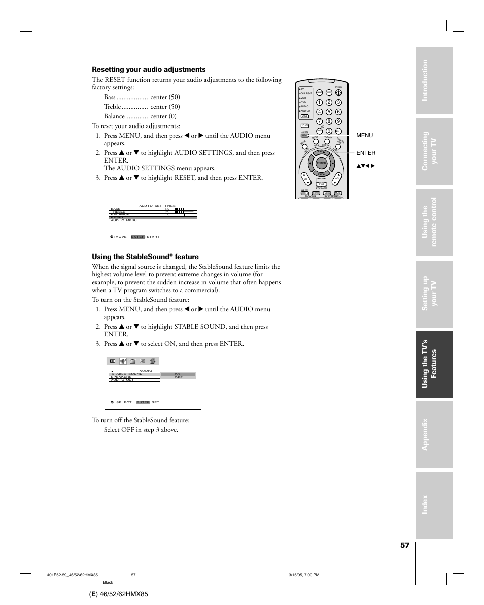 Resetting your audio adjustments, Using the stablesound, Feature | Toshiba 46HMX85 User Manual | Page 57 / 72