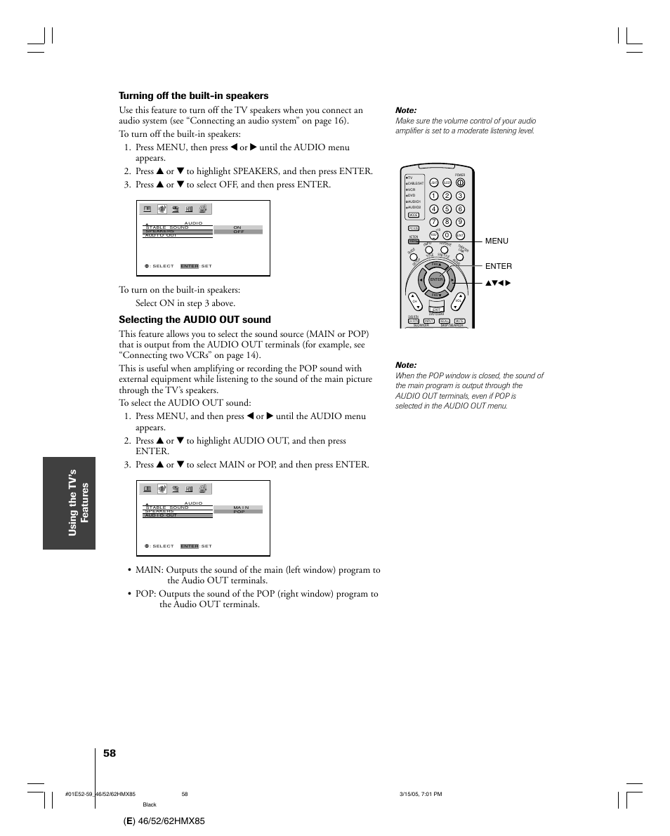 Turning off the built-in speakers, Selecting the audio out sound | Toshiba 46HMX85 User Manual | Page 58 / 72