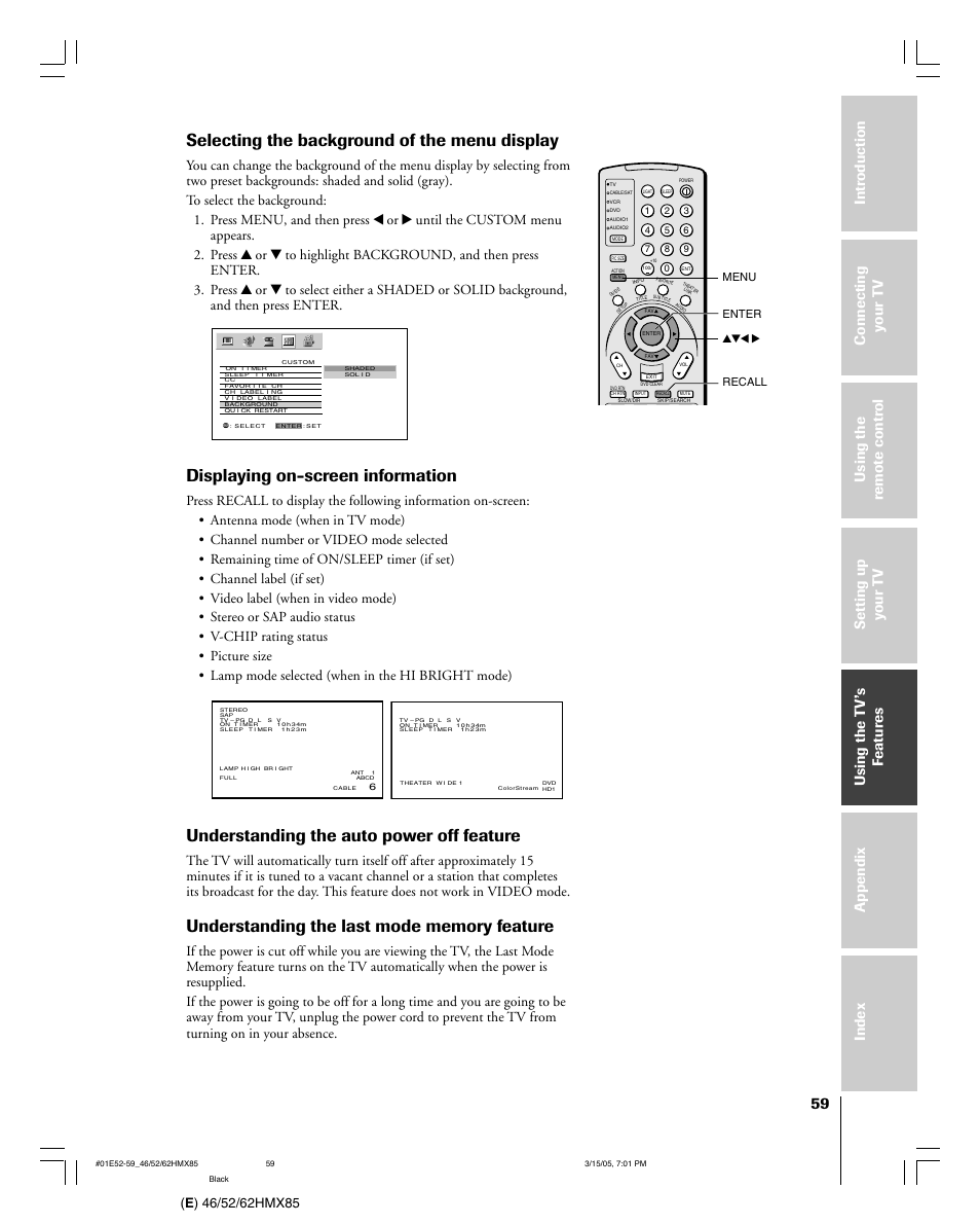 Selecting the background of the menu display, Displaying on-screen information, Understanding the auto power off feature | Yzx • menu recall enter | Toshiba 46HMX85 User Manual | Page 59 / 72