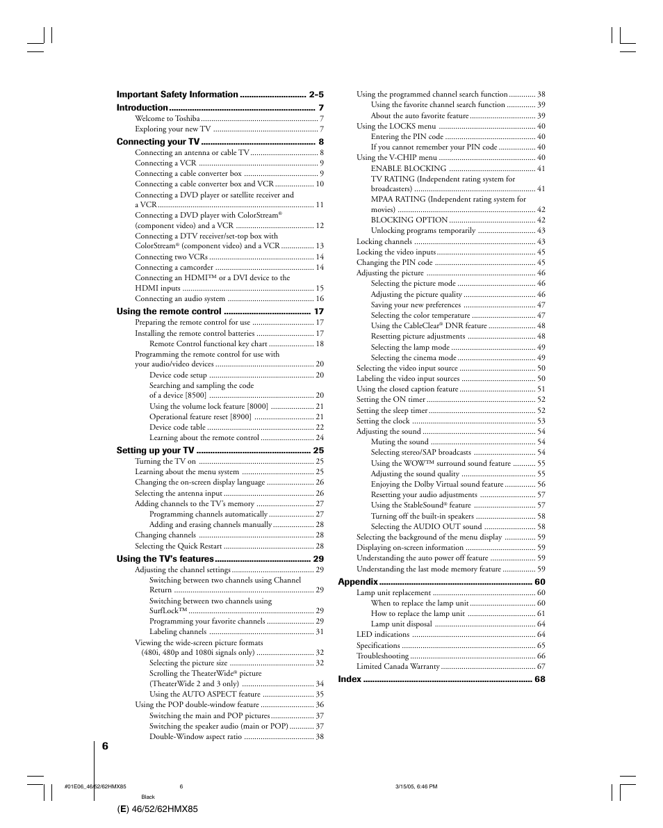 Toshiba 46HMX85 User Manual | Page 6 / 72