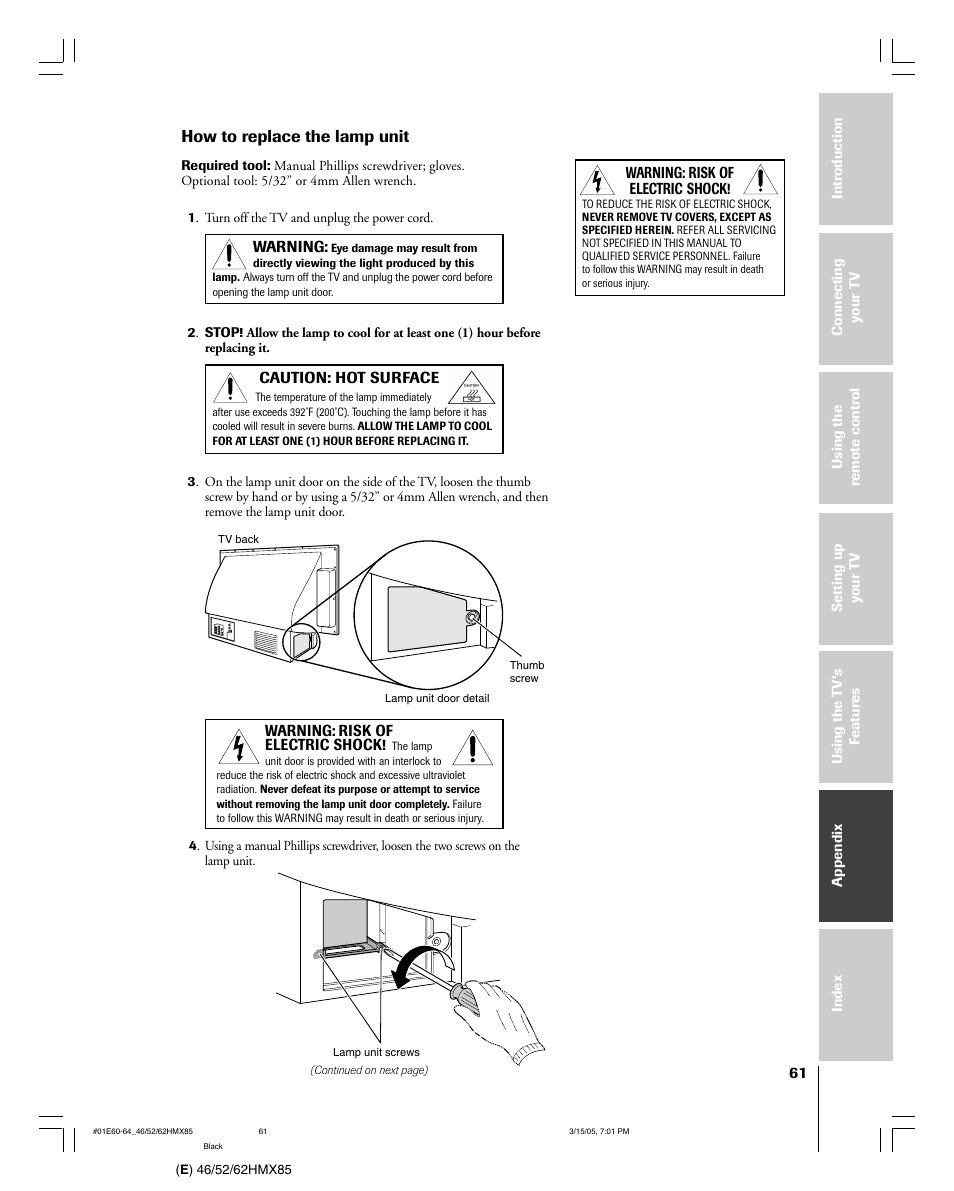 How to replace the lamp unit | Toshiba 46HMX85 User Manual | Page 61 / 72