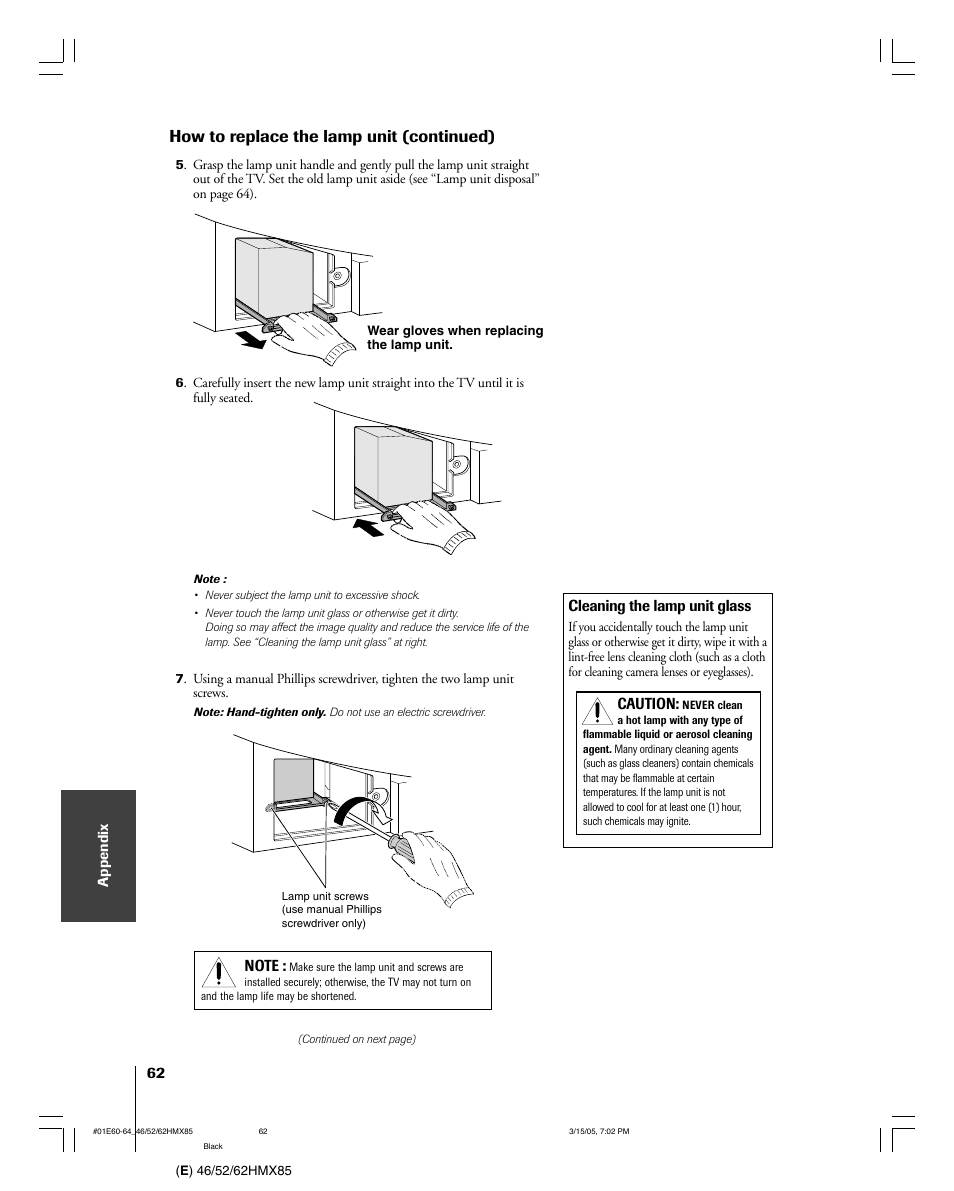 How to replace the lamp unit (continued) | Toshiba 46HMX85 User Manual | Page 62 / 72