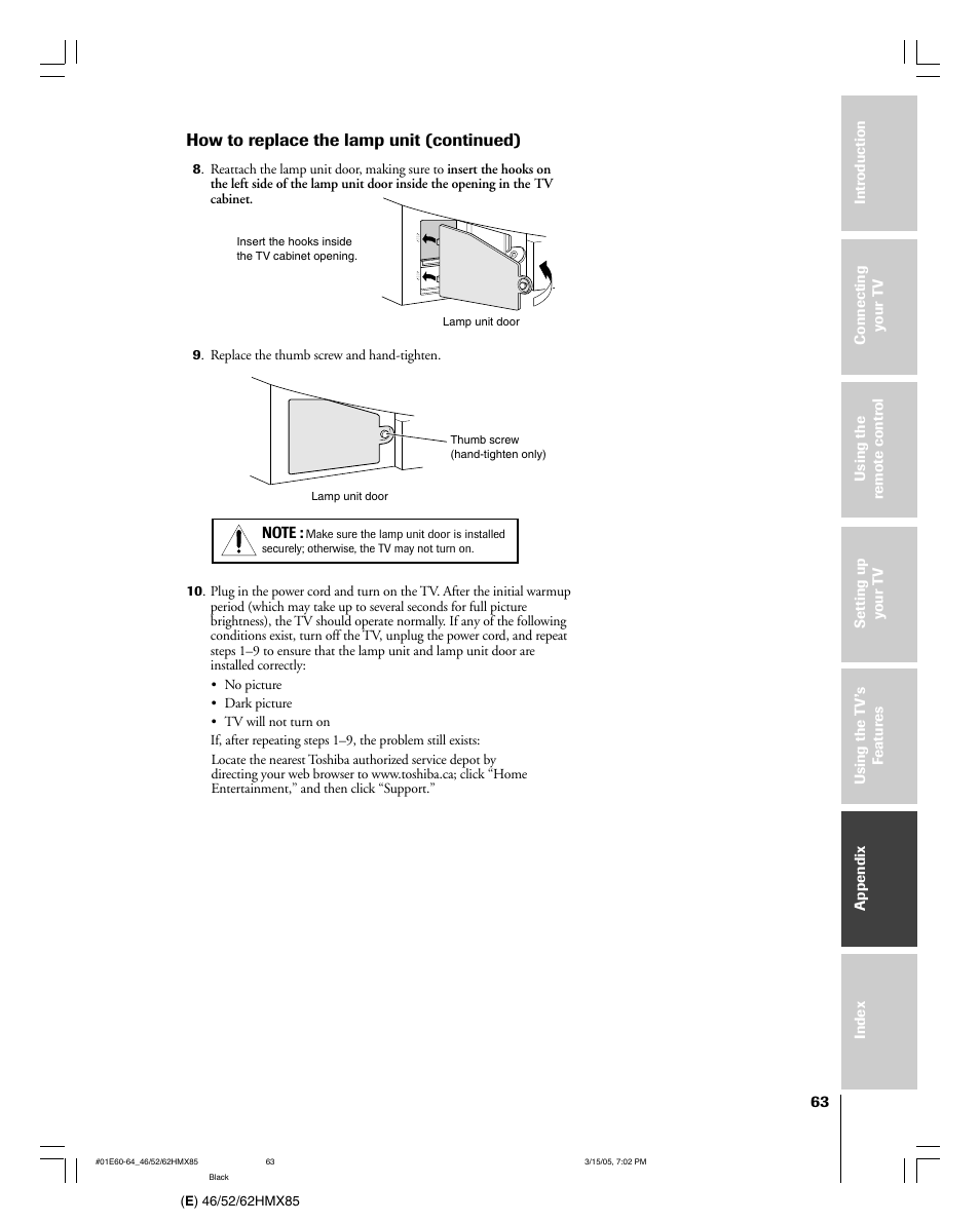 How to replace the lamp unit (continued) | Toshiba 46HMX85 User Manual | Page 63 / 72