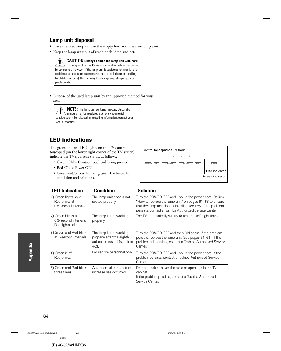 Led indications, Lamp unit disposal | Toshiba 46HMX85 User Manual | Page 64 / 72